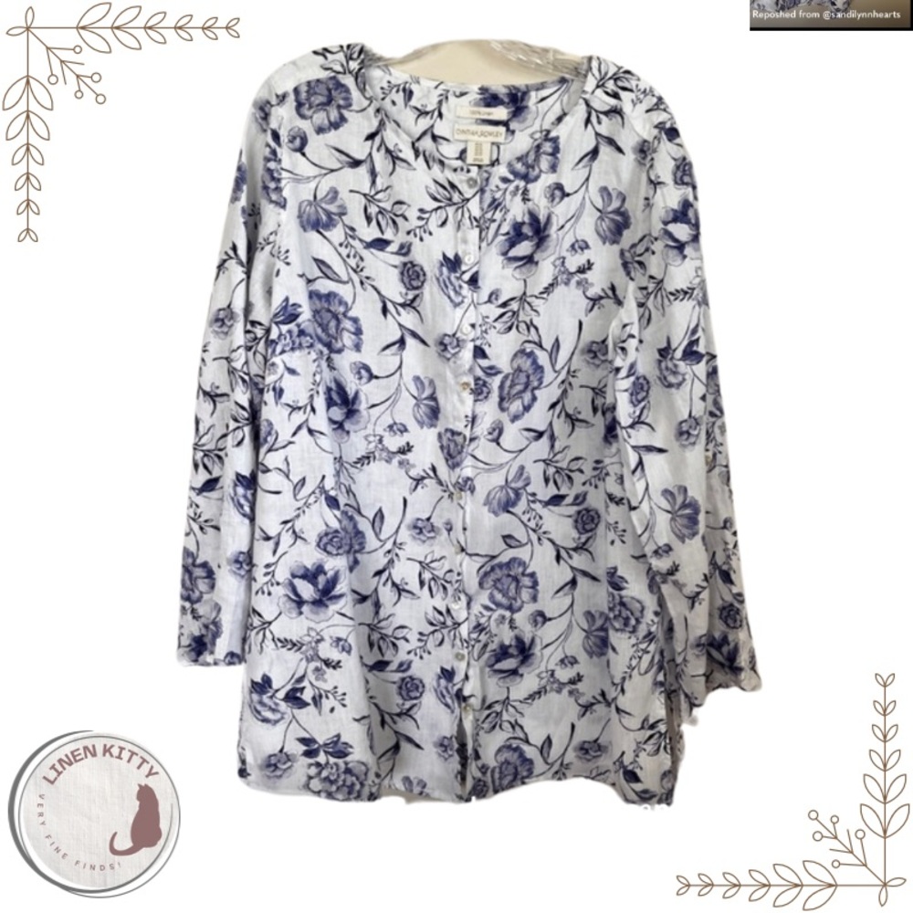 Cynthia Rowley Blue and White Boxy Blouse with Mandarin Collar